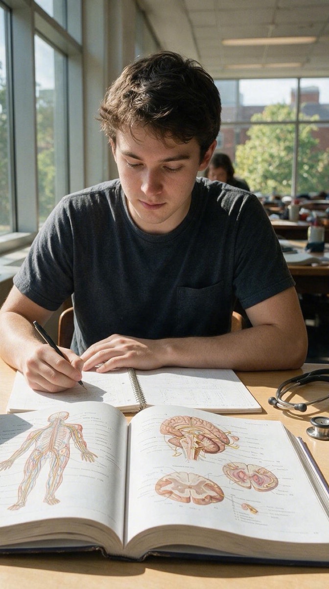 A student studying an anatomy textbook at a cafe table